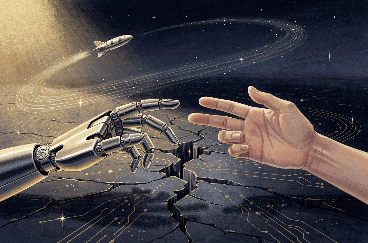 Editorial illustration for: Robotics Breakthroughs, Physics Paradoxes, and a Rocket Bound for the Moon: The Tech World's Thursday