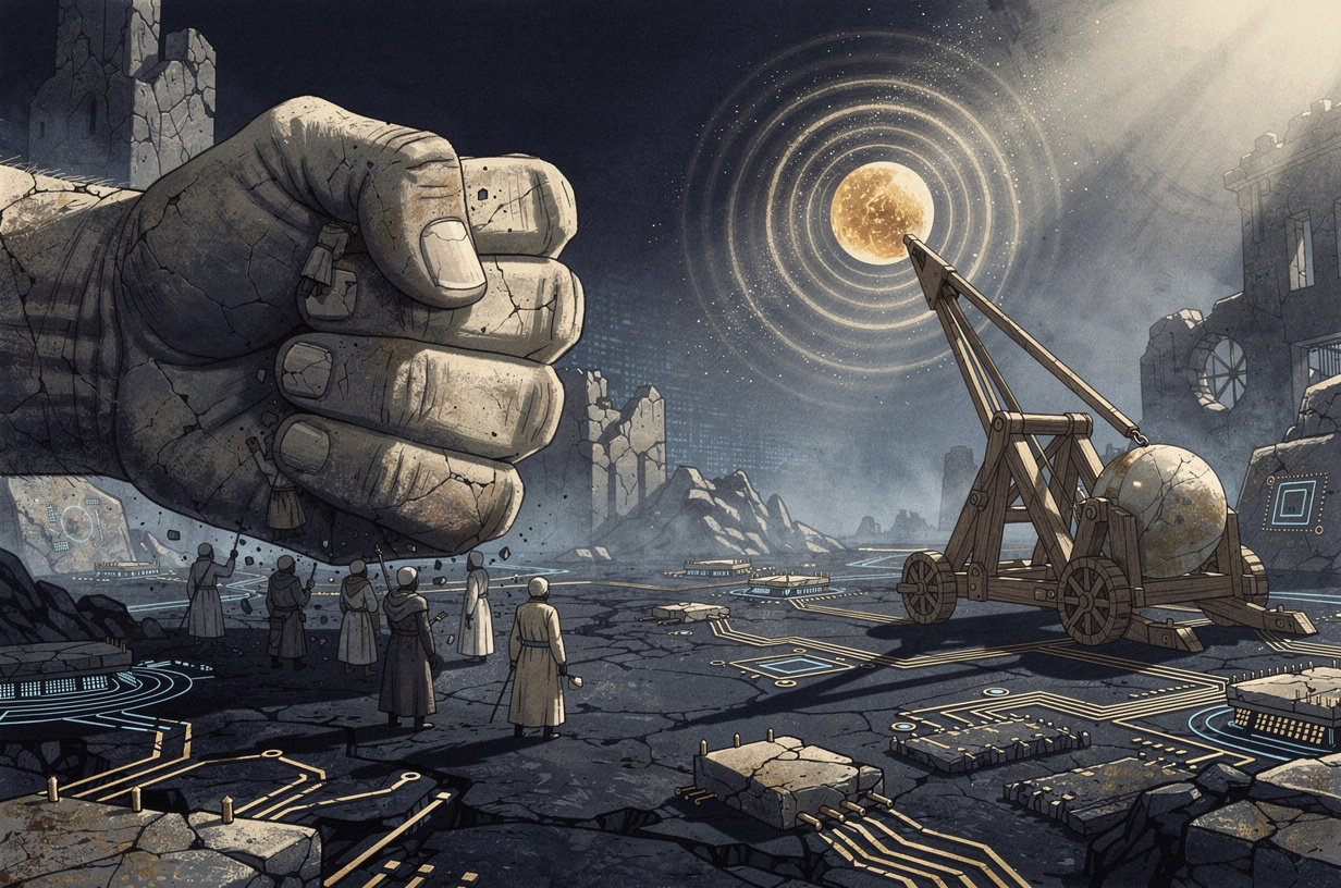 Editorial illustration for: Platform Power, Supersonic Trebuchets, and the Bimodal AI Divide: Hacker News Unpacked
