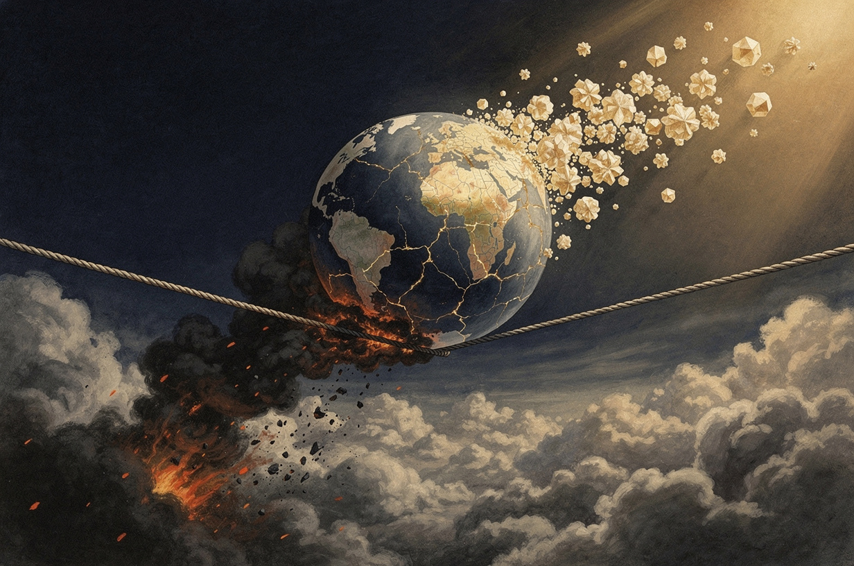 Editorial illustration for: War, Markets, and Discovery: A World in Flux on July 14, 2026