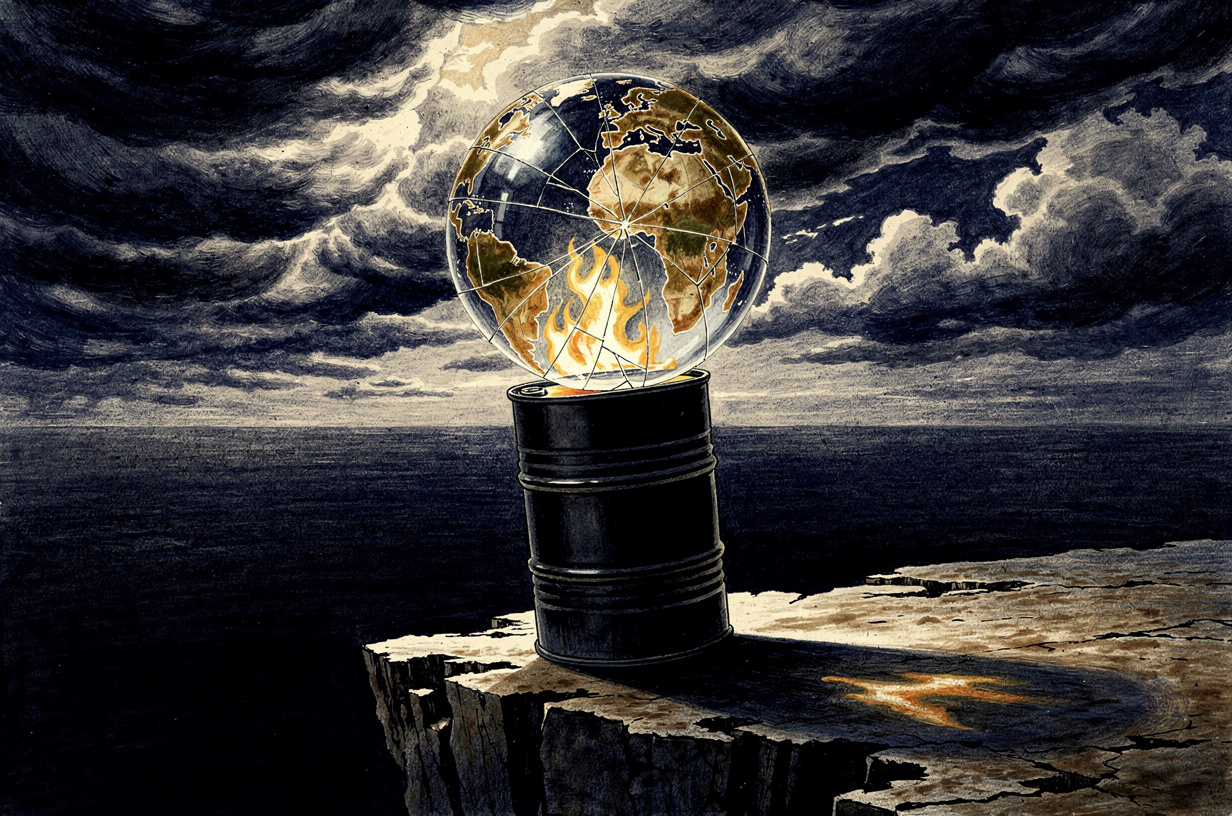 Editorial illustration for: Oil at $100, Thirteen Nights of Airstrikes, and a World on Edge: The Week's Defining Crises