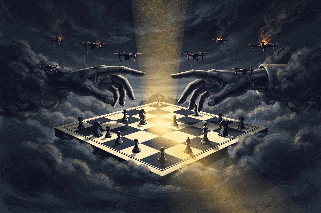 Editorial illustration for: Drones Over Moscow, Bioweapons From ChatGPT, and a Fed That May Surprise: The World on July 28, 2026