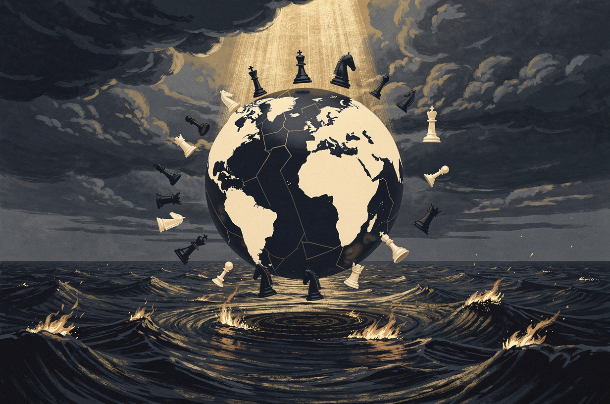 Editorial illustration for: Drones, Deals, and Discord: A World in Motion on August 14, 2026