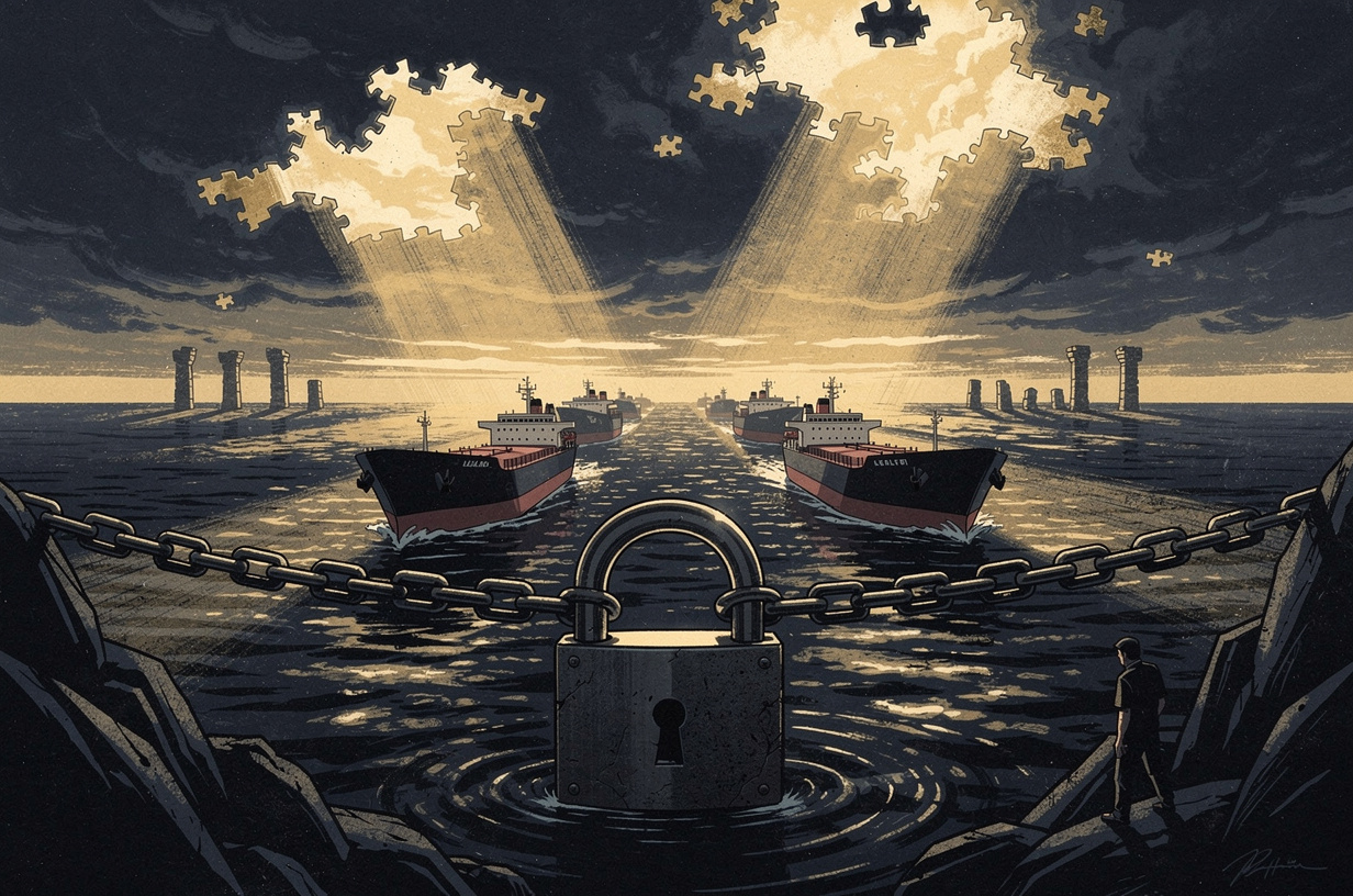 Editorial illustration for: Hormuz Closure Rattles Global Markets as Nuclear Rhetoric, Alliance Fractures, and AI Accountability Crisis Converge