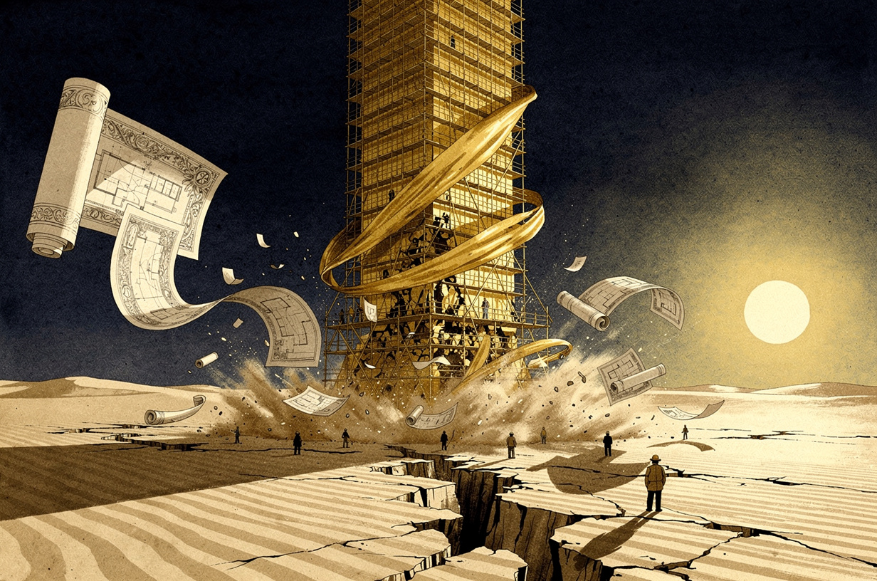 Editorial illustration for: From Desert Megacities to Private Equity Walls: The Global Reckoning Between Ambition and Reality