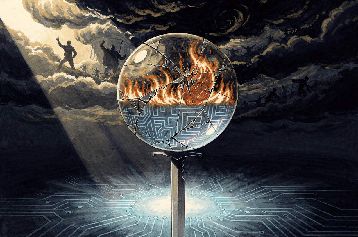 Editorial illustration for: Missiles, Markets, and Machine Minds: A World on Edge