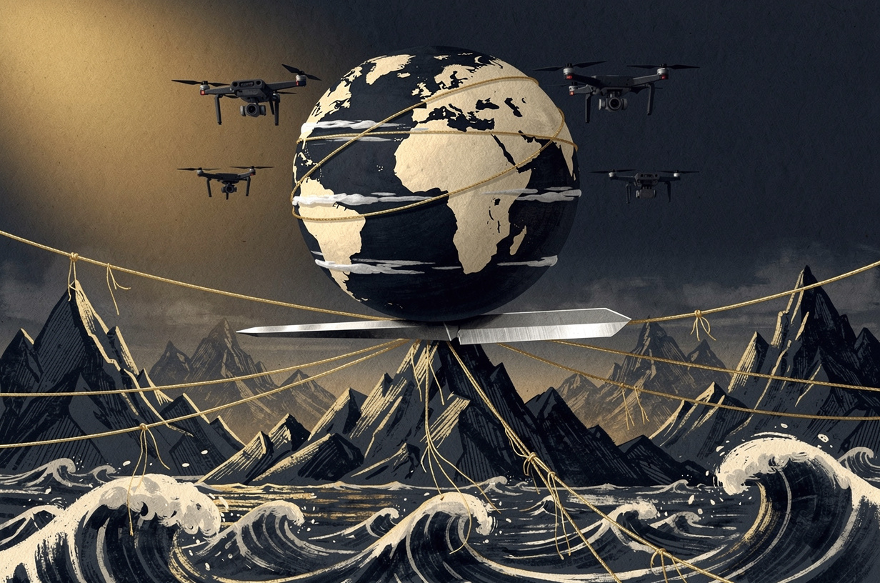 Editorial illustration for: Drones Over the Urals, Gulf Escalation, and Markets on Edge: Monday Briefing