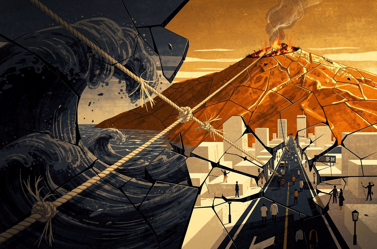 Editorial illustration for: Body Recovered Off Carlsbad Coast, ICE Tensions Flare in City Heights, and Wildfire Forces Evacuations in North County