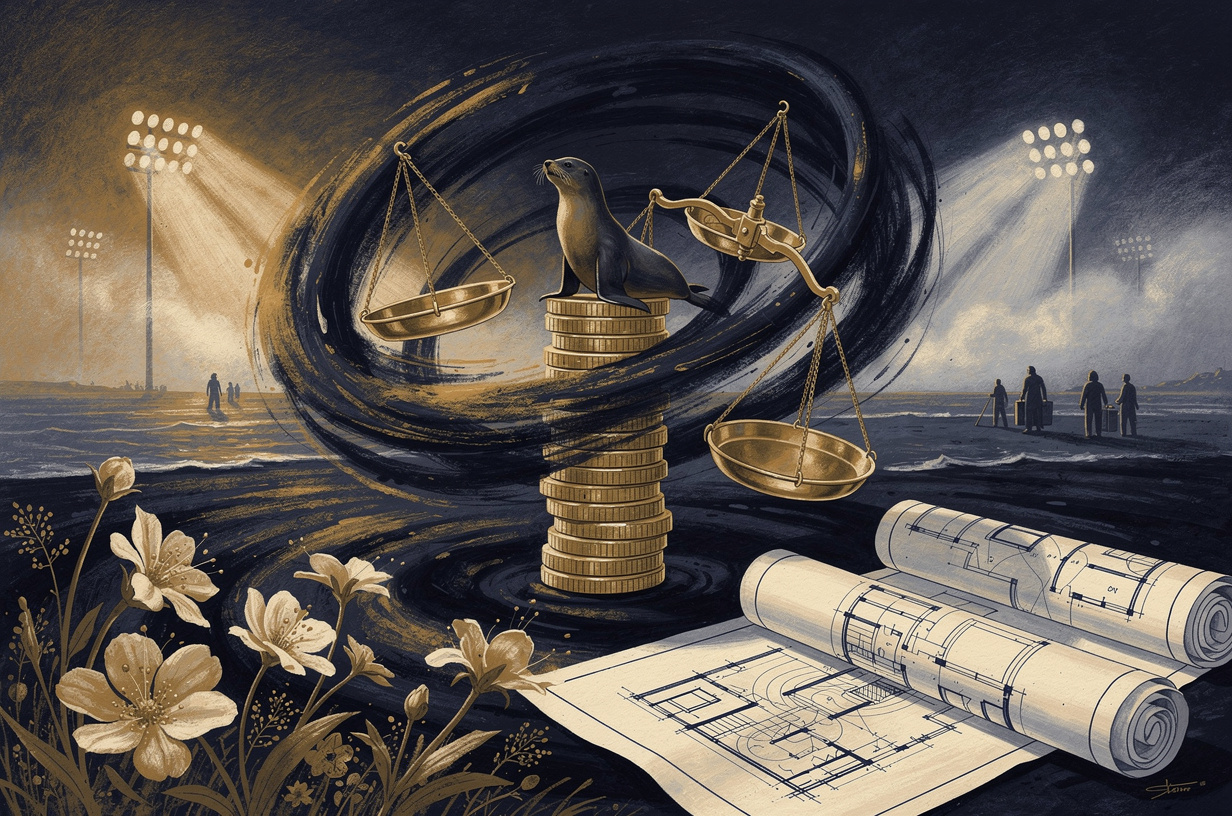Editorial illustration for: Sea Lion Guilty Plea, Sierra Club Lawsuit, and $3.8 Billion in Deals: San Diego's Busy Week