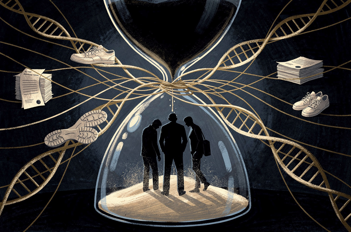 Editorial illustration for: No Way Out: Three Killers Cornered by Evidence, Witnesses, and Time