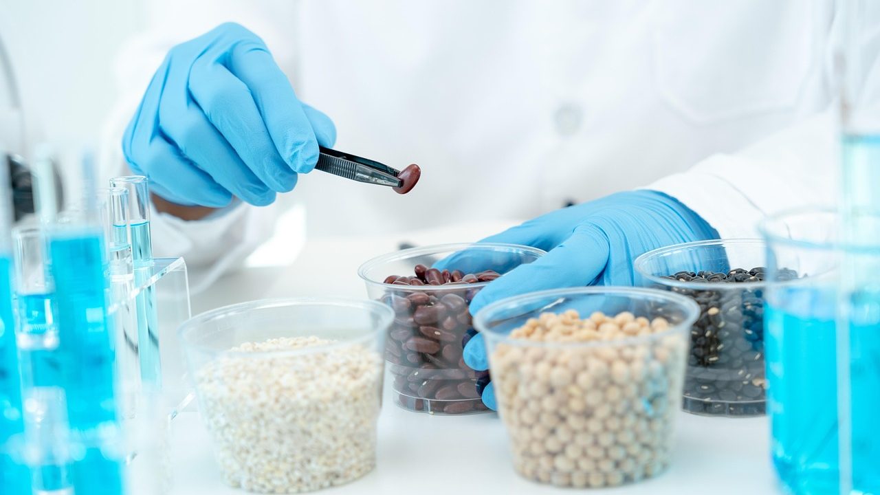 A laboratory technician examines food samples under bright scientific equipment.