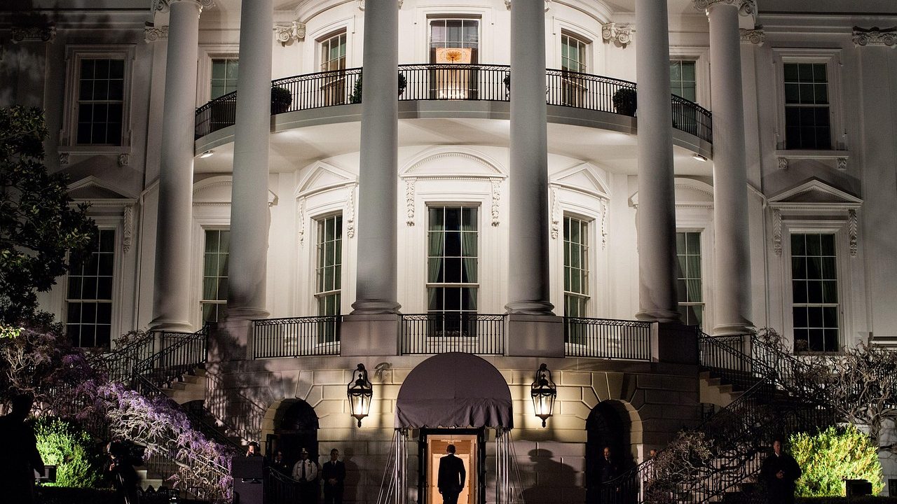 Wide-angle view of neoclassical government building columns in Washington D.C.