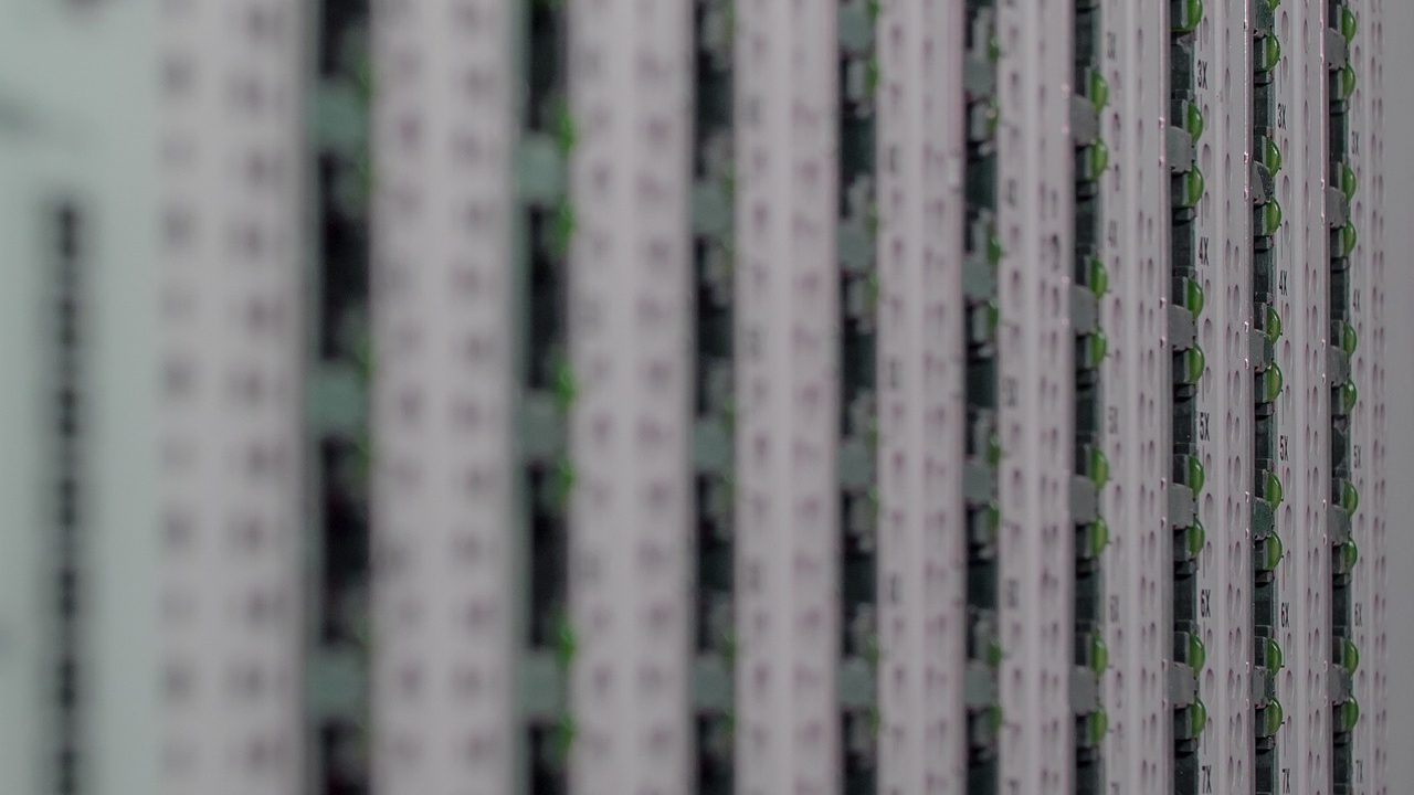 Dense bundles of ethernet cables connecting servers in a network room.