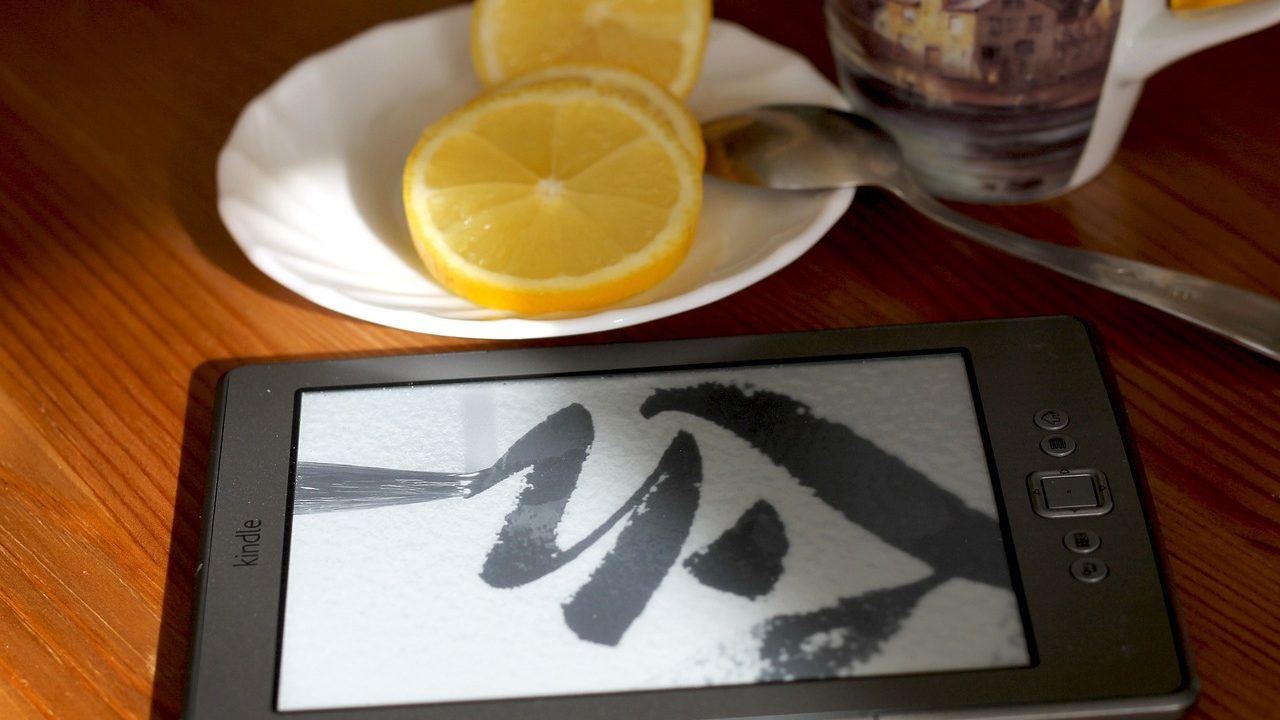 A hand writing on a paper-like e-ink tablet screen with a stylus.
