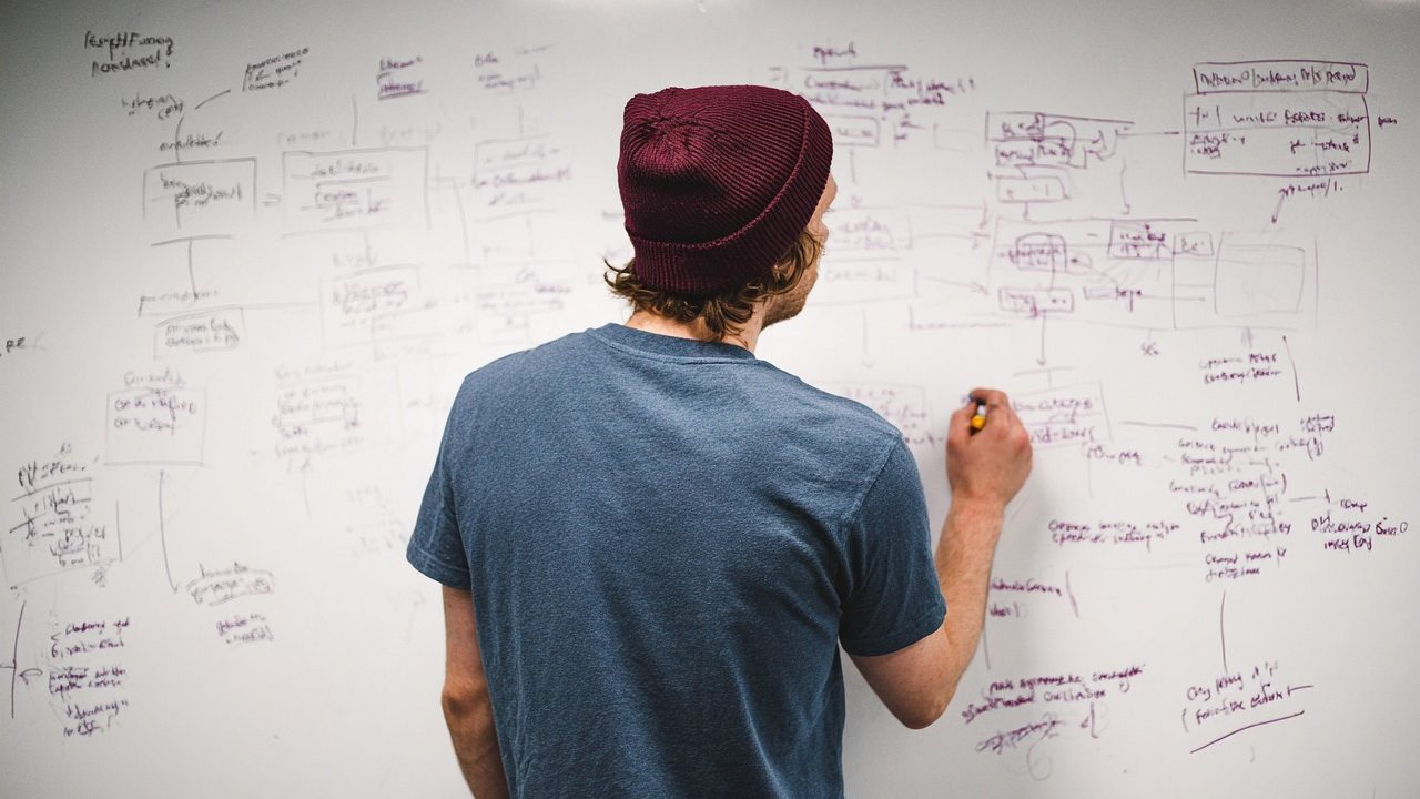 A whiteboard covered in diagrams and sticky notes in a modern open-plan office.