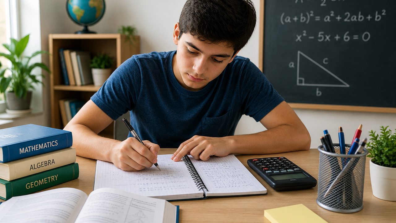 A student sitting alone at a desk in an empty classroom taking a written exam.