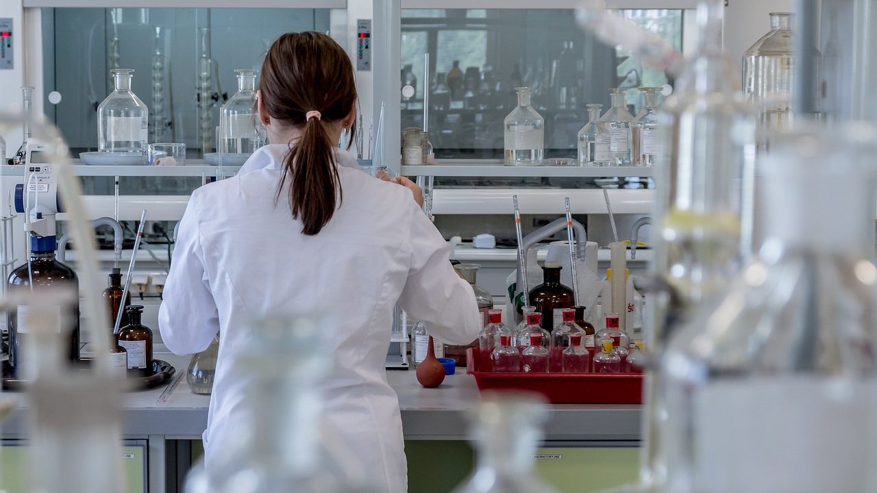 A laboratory setting with scientific equipment used in medical research.