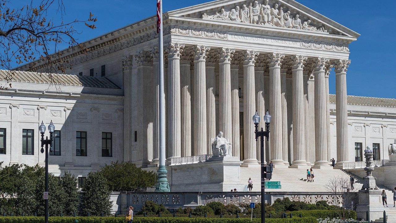The white marble columns and steps of the U.S. Supreme Court building.
