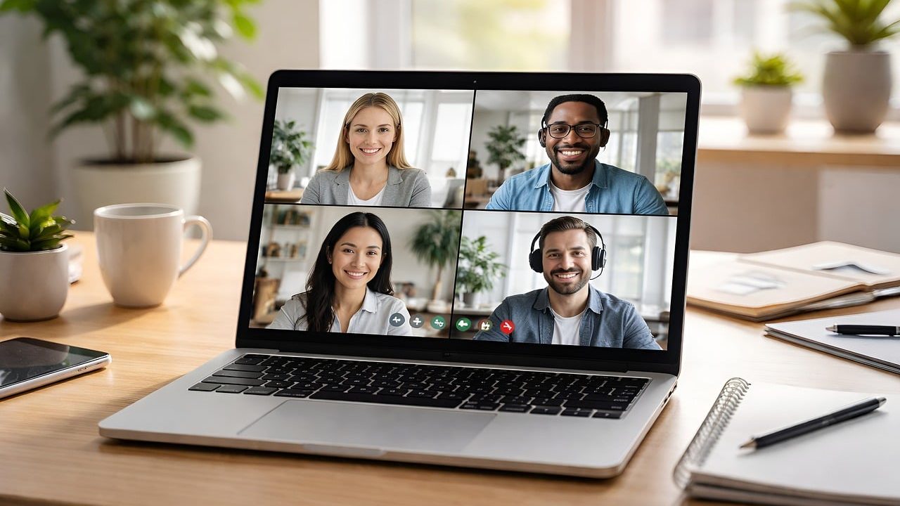 A laptop screen showing a grid of video conference participants in a modern office.