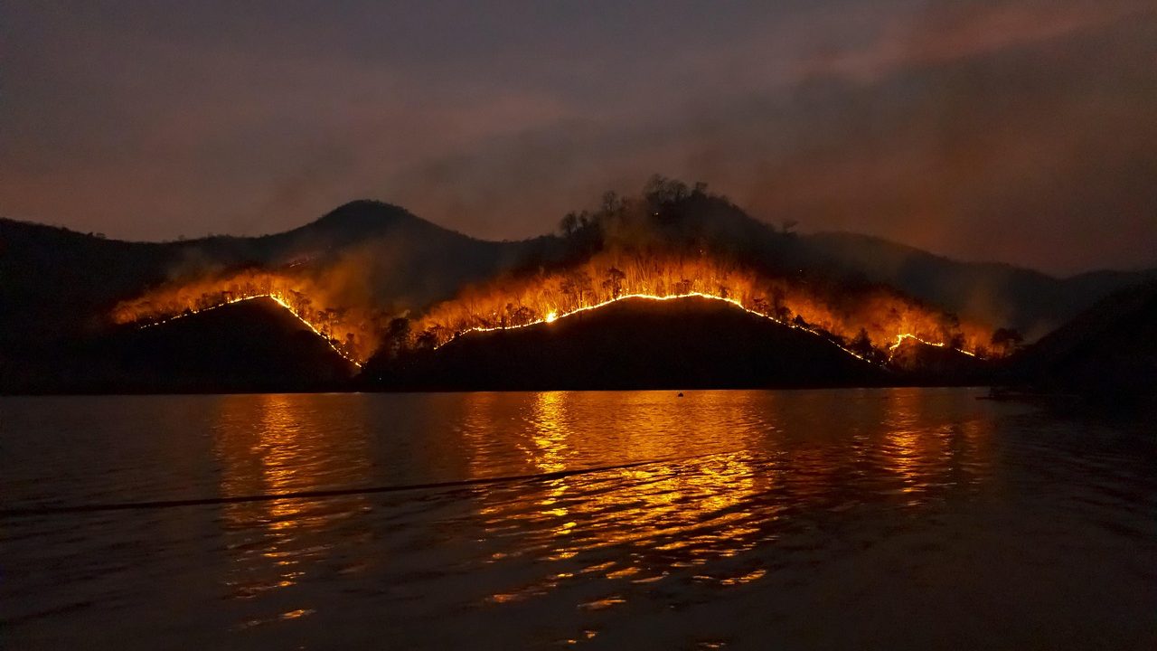 A hillside blazes with orange flames as thick grey smoke billows into the sky above dry brush.