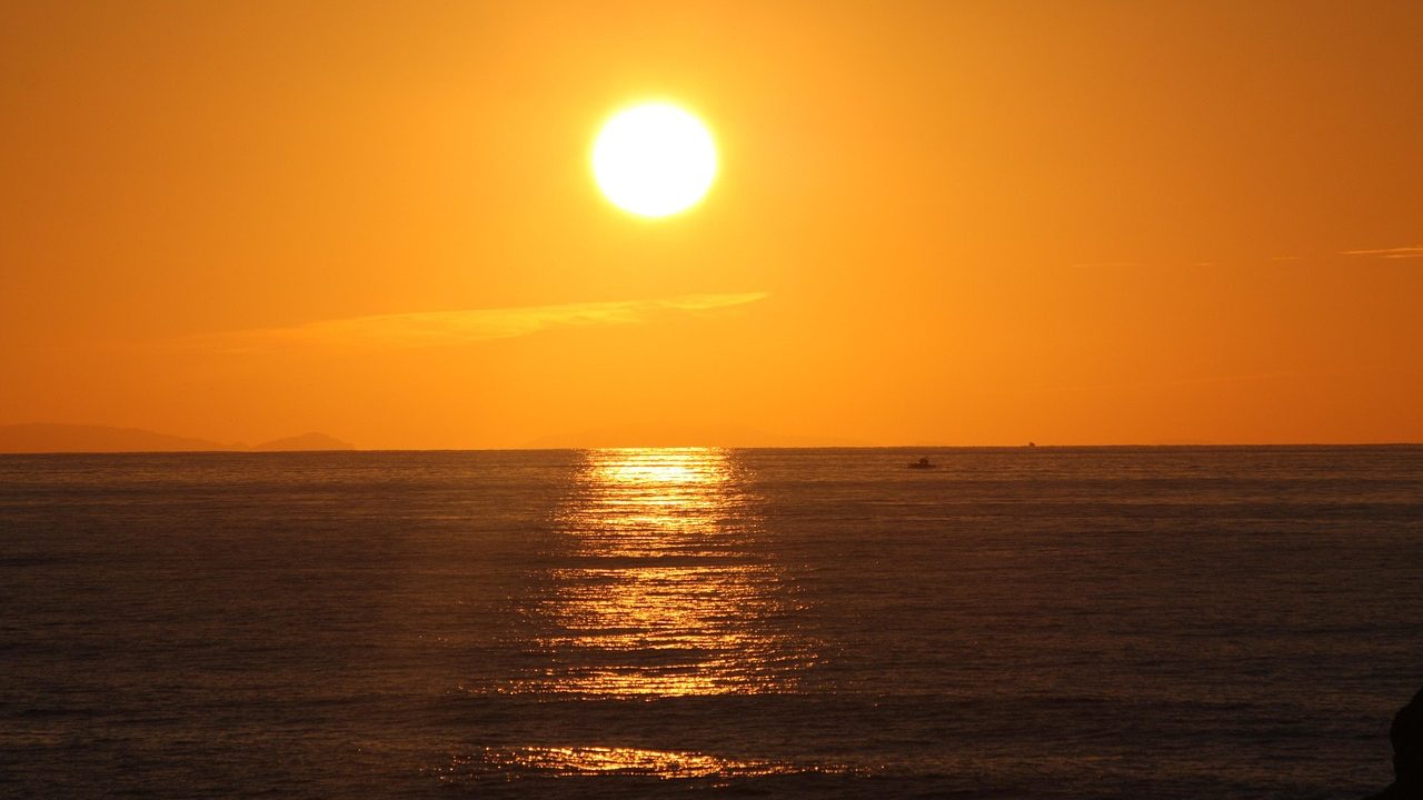 A wide ocean horizon at sunrise with warm light reflecting off calm water.