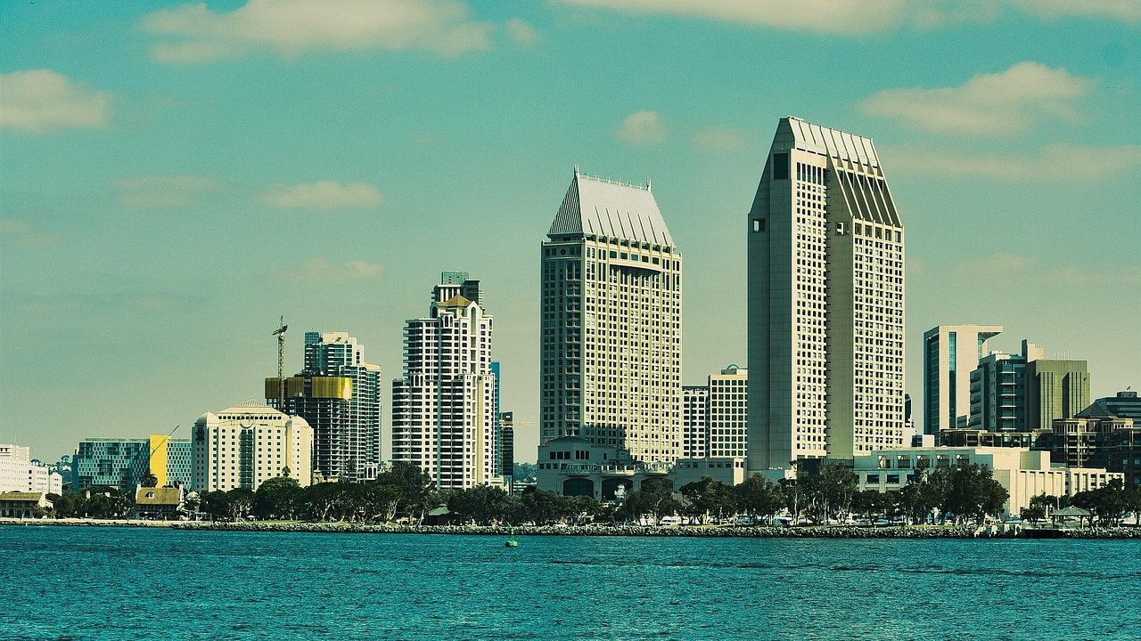 A wide view of the San Diego skyline on a clear day.