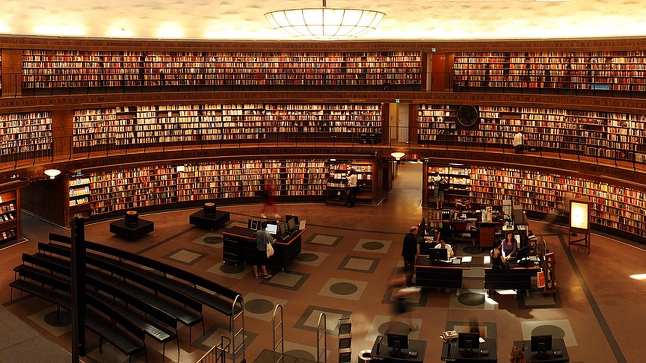 Rows of bookshelves inside a bright public library with natural light filtering through windows.
