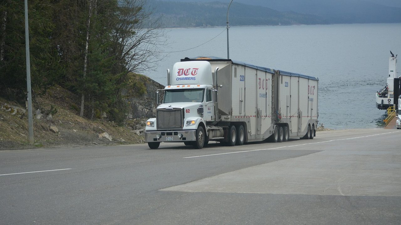 A line of semi-trucks waits at a commercial border crossing checkpoint under a clear sky.