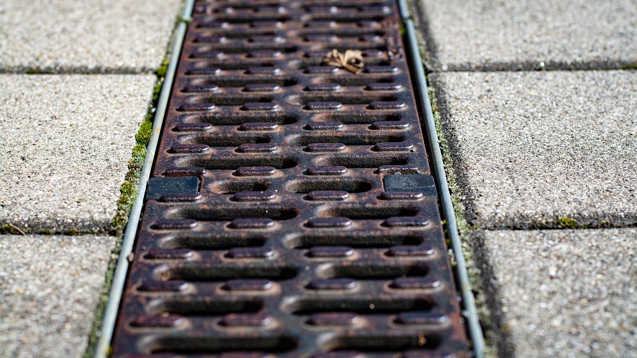 Workers in safety vests inspecting a storm drain grate on a city street.